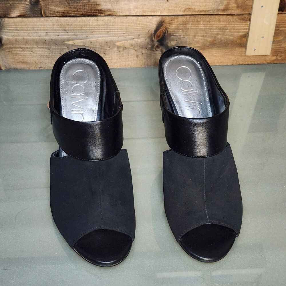 Calvin Klein Black Open Toe Mule Heels Womens Size 9.5 Suede Stiletto - Picture 3 of 9